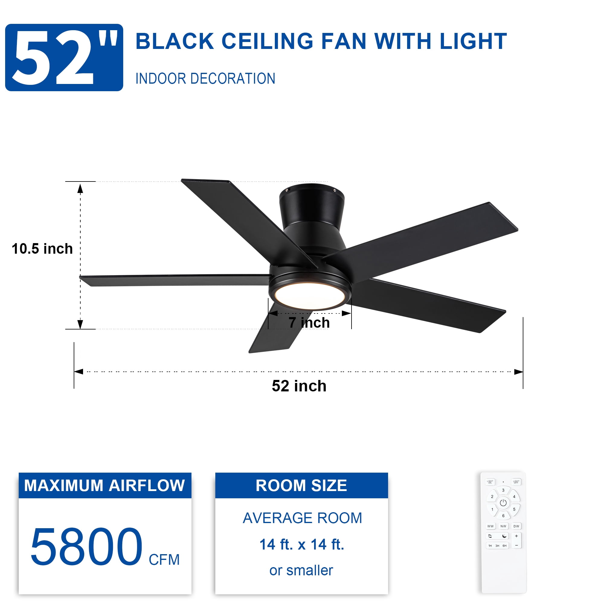 Leumius 52" Black Lowe Profile Ceiling Fan with Dimmable 3CCT LED Light,Modern Ceiling Fan for Living Room Bedroom