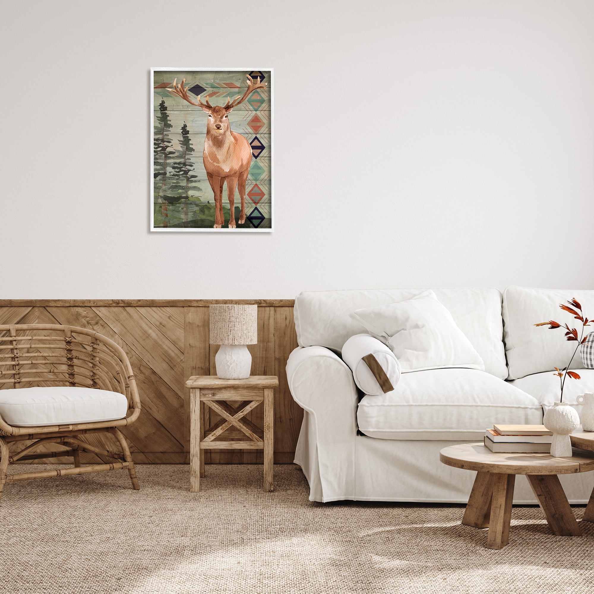 Stupell Geometric Pattern Wildlife Deer Animals & Insects Painting White Framed Art Print Wall Art