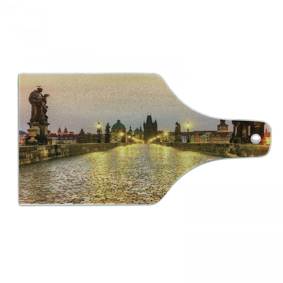 Landscape Cutting Board, Charles Bridge Old Town Prague Czech Republic with Classic Medieval Buildings, Tempered Glass Cutting and Serving Board, Wine Bottle Shape, Yellow Brown, by Ambesonne