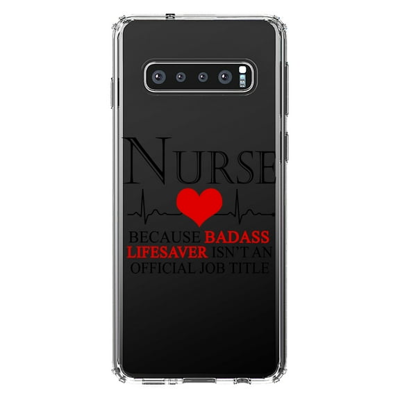 DistinctInk Clear Shockproof Hybrid Case for Samsung Galaxy S10 (6.1" Screen) - TPU Bumper Acrylic Back Tempered Glass Screen Protector - Nurse Because Badass Lifesaver Isn't Title