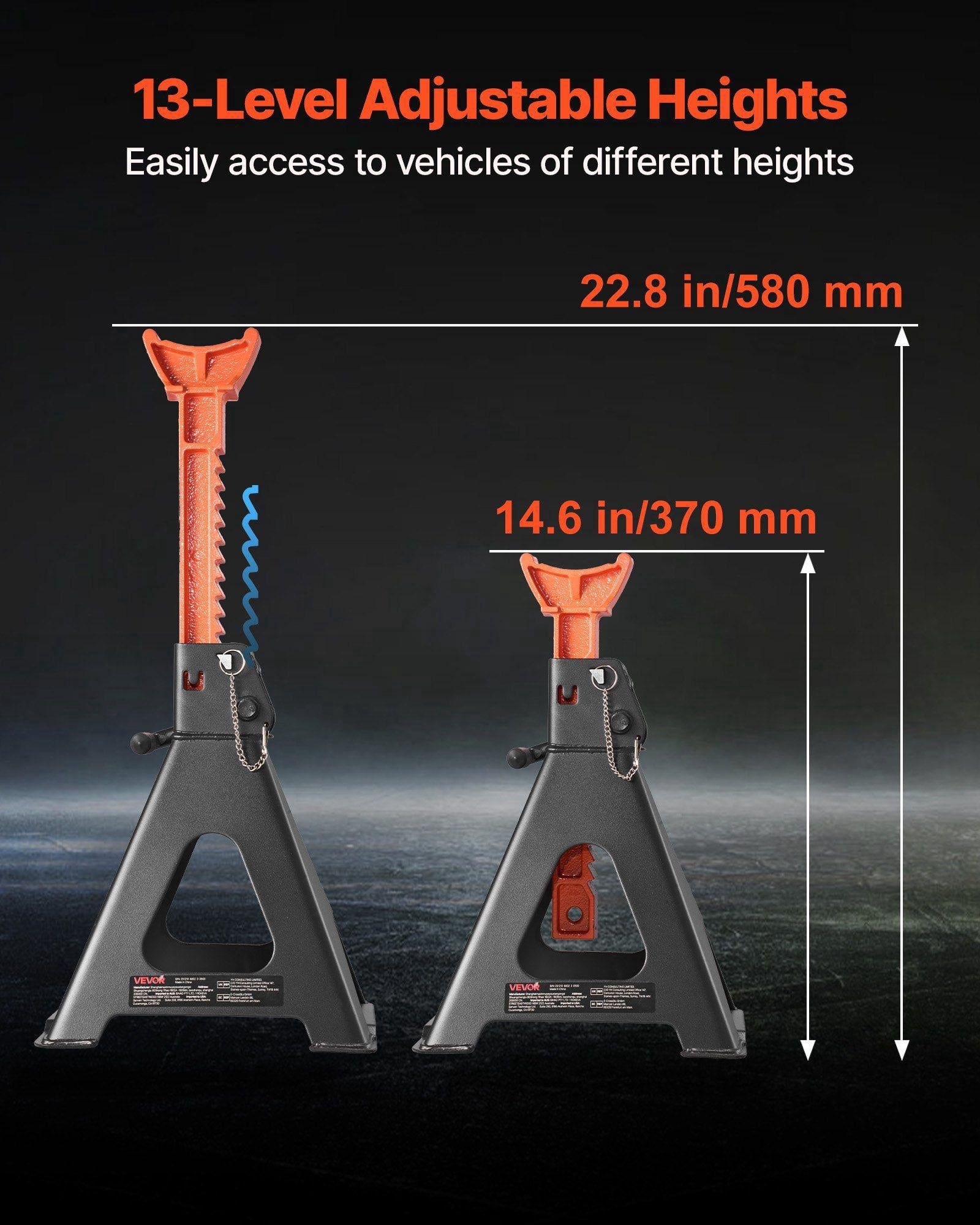 6 Ton 13000 lbs Heavy Duty Steel Jack Stands Adjustable Height 14.6 to 22.8 Inches Double Locking for Car SUV Truck RV 1 Pair Black Orange