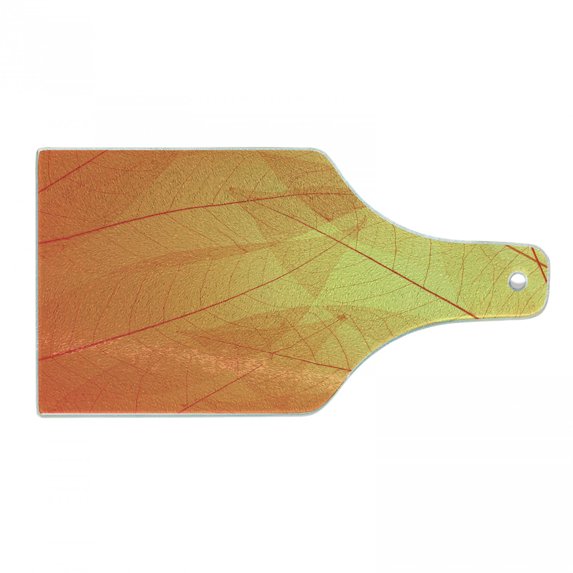 Orange Cutting Board, Autumn Nature Fall Season Themed Dried Leaves with Skeleton Vivid Veins Close, Tempered Glass Cutting and Serving Board, Wine Bottle Shape, Orange Yellow, by Ambesonne