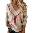 thumbnail image 3 of ClodeEU Women's Long Sleeve V Neck Sweater With Bow ,Casual Knit Pullover Sweater Khaki,Womens Plus S, 3 of 9