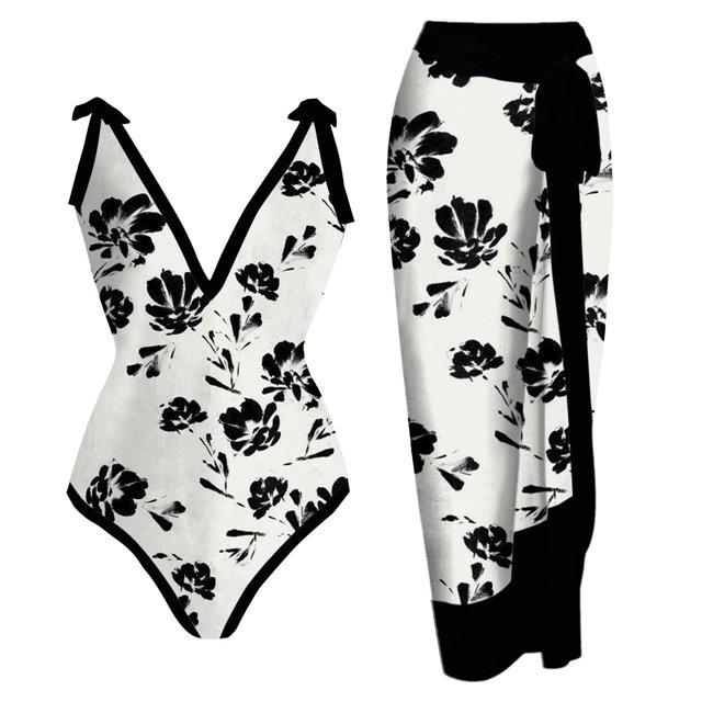Gibobby Trajes de Baño para Mujer Traje de baño para mujer con bikini Maxi Wrap Dress Traje de baño de 2 piezas con estampado floral Conjunto de traje de(Negro,CH)
