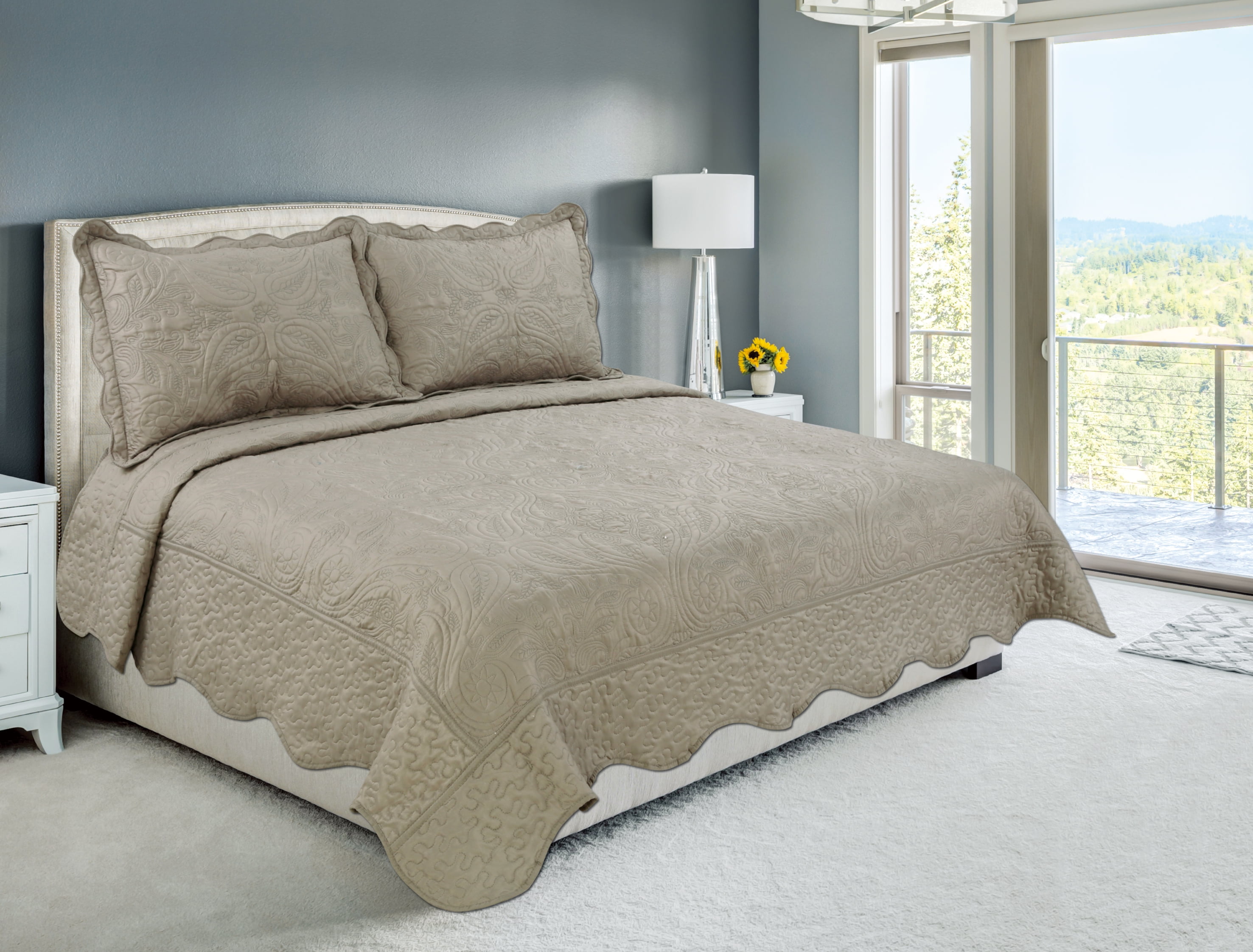 Marina Decoration Embroidered Stitching Coverlet Bedspread Ultra Soft Solid Bedding Summer Quilt Set with Quilted Sham, Taupe Floral Paisley Pattern