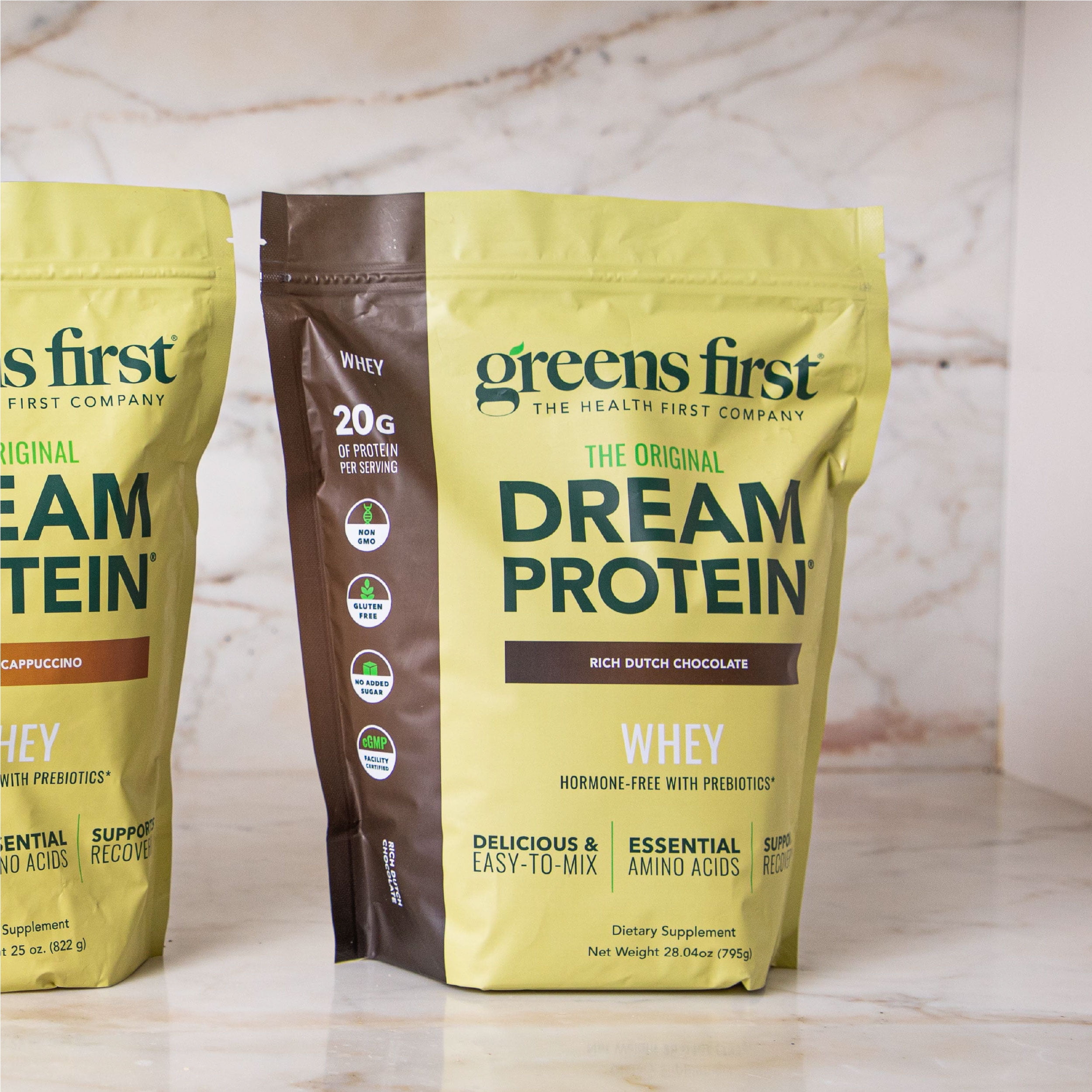 Greens First Dream Protein Powder Whey - 20g Protein Per Serving - Hormone-Free with Prebiotics - Non-GMO - No Artificial Sweeteners/MSG/Aspartame (Rich Dutch Chocolate, 28.04 oz)