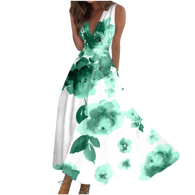 Robes d'Été pour Femmes, Jolies Robes Décontractées à Fleurs à Col en V Sans Manches, Robes Maxi, Robes Fluides pour Femmes