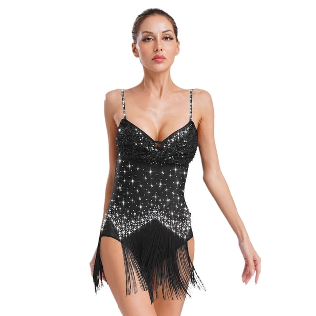Rswnyirn Robe Latine en Strass pour Femmes Costume de Bal à Franges Salsa de Danse Tango Justaucorps Noir S
