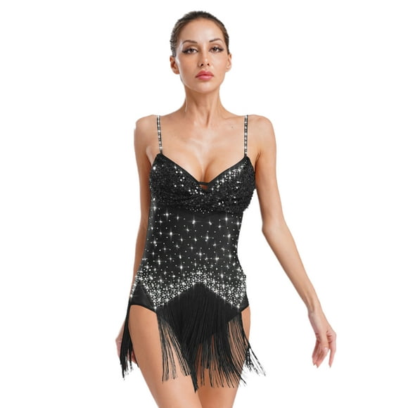 Rswnyirn Women Rhinestone Latin Dress Tassel Fringe Ballroom Costume Tango Salsa Dance Leotard Unitard Black XL