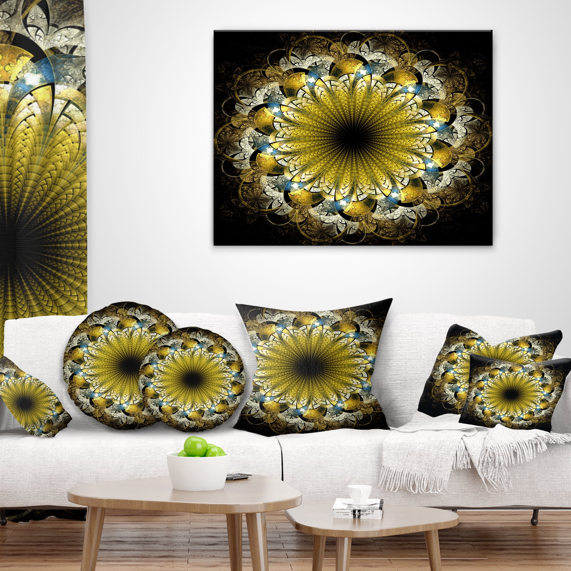 Designart Dark Yellow Fractal Flower - Abstract Throw Pillow - 12x20