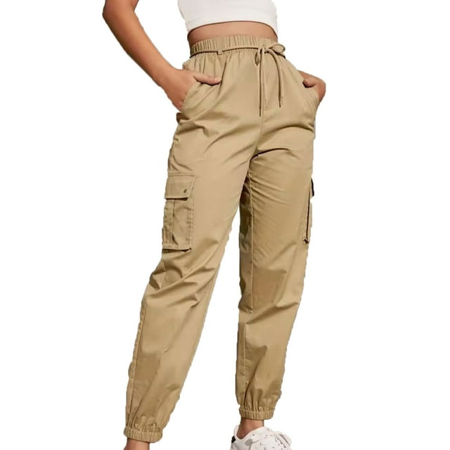 Timegard Joggers for Women Elastic High Waisted Drawstring Hiking Outdoor Workout Cargo Pants with Pockets