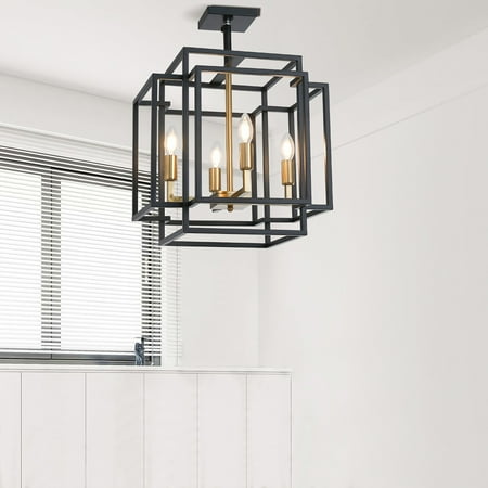 

Industrial Black 4-Light Rectangle Iron Frame Semi Flush Mount Lamp Black/Gold