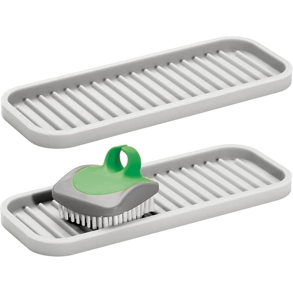 mDesign sink organizer for soaps, sponges, brushes and more. Set of 2 - Non-Slip Soap Dish for Sink and Washbasin - Light Gray