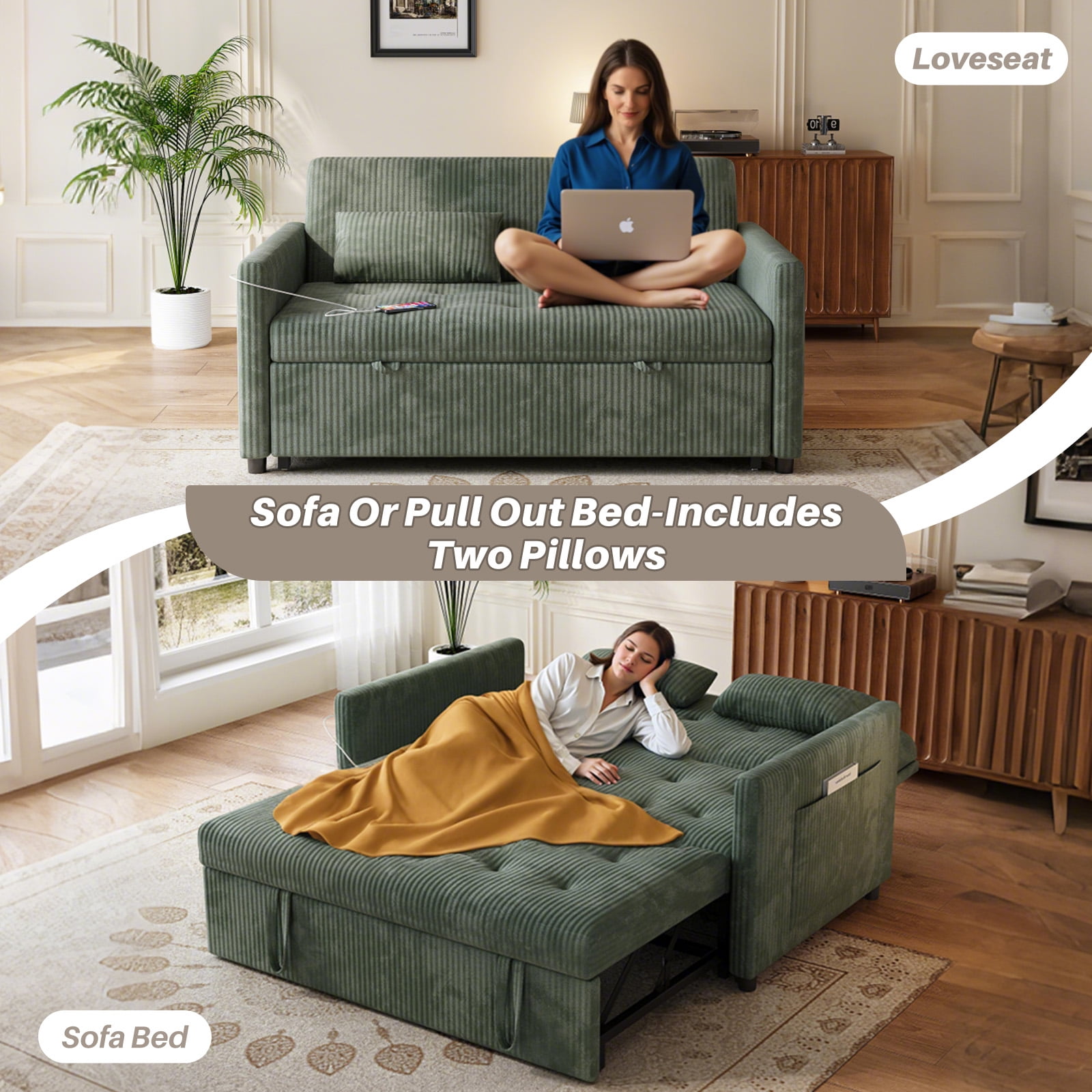 Loveseat Sleeper Sofa,Convertible Sofa Bed,3-in-1 Modern Couch with Pull Out Bed,Sofa Bed with Pockets and USB for Small Spaces,Green