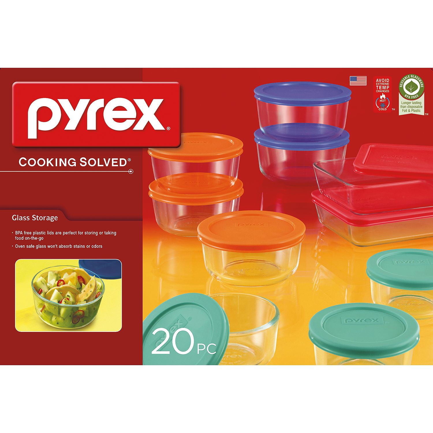 Pyrex 20 Piece Glass Storage Set Clear Red Orange Blue Green