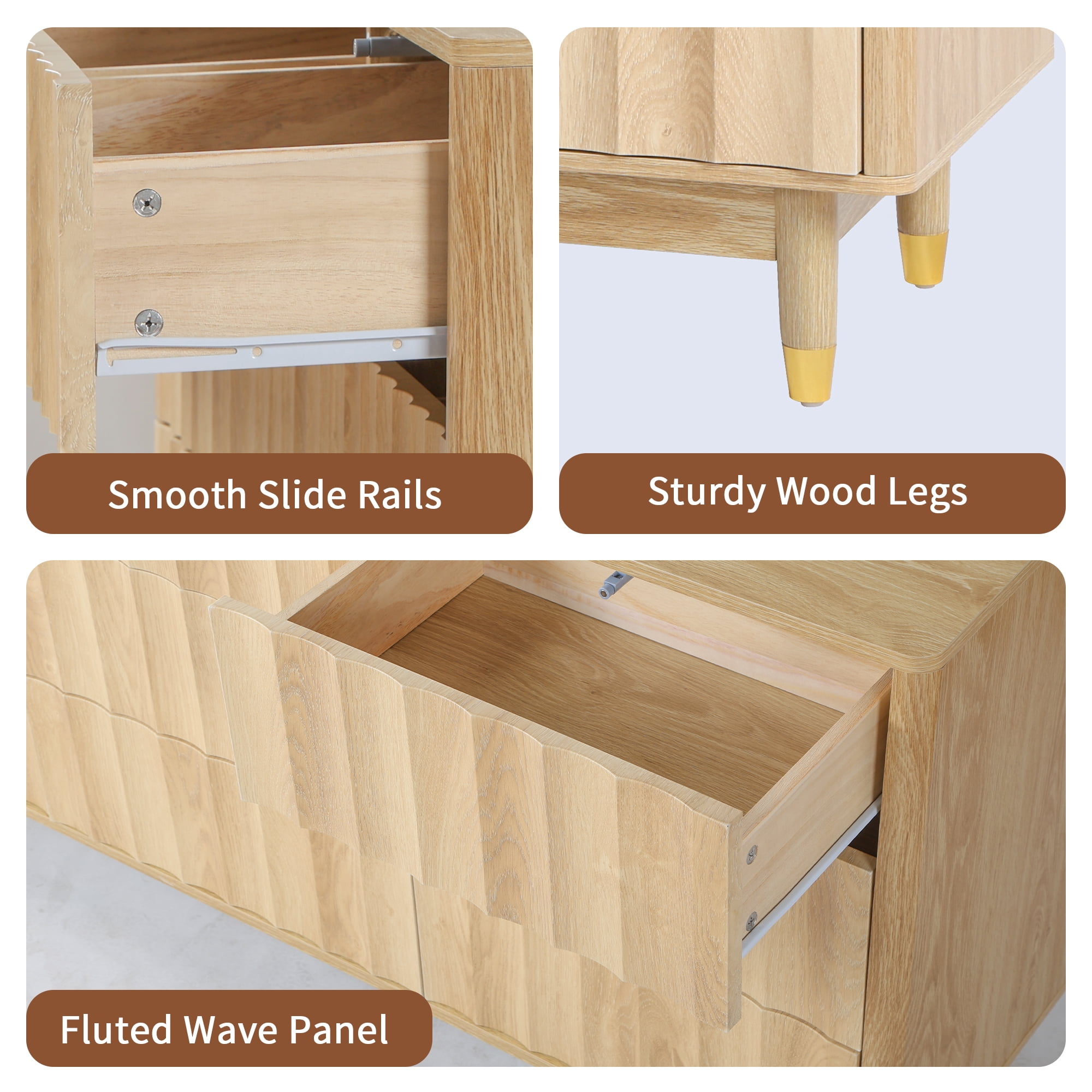 LEFHDA Fluted 9-Drawer Dresser for Bedroom with Deep Drawers, 60" Wide Mid Century Modern Chest of Drawers, Wooden Dresser TV Stand for Living Room, Hallway, Closet (Oak)