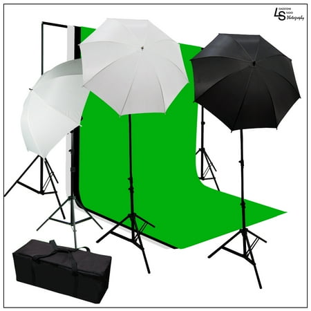 Chroma Key Kits - Photo Video Chroma Key Muslin Backdrop Umbrella Light Kit with Background Support Stand System and Case by Loadstone Studio WMLS0616