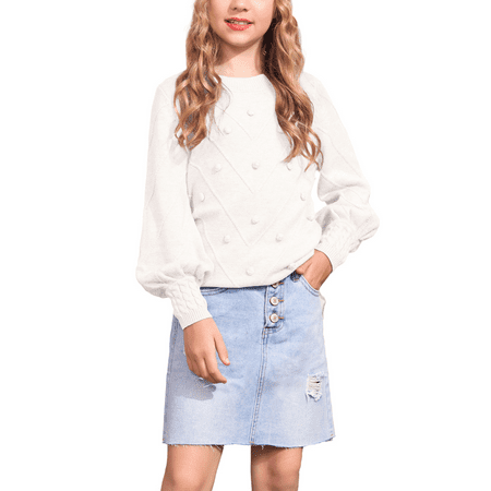 Oudiya Girls Lantern Sleeve Crew Neck Sweater Cute Pullover Top Jumper Outwear for Kids 5-13 Years