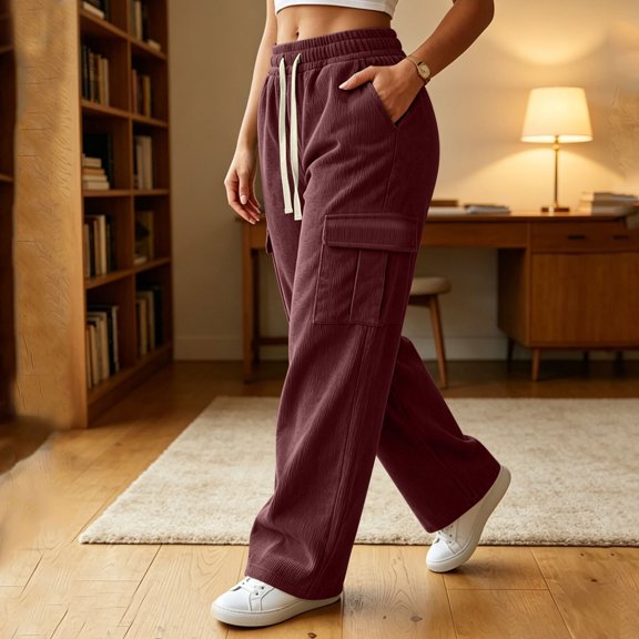 Usloyux Women Plus Size Wide Leg Cargo Pants Drawstring Elastic Waisted Trousers with Pockets Casual Loose Fit Summer Travel Work Bottoms, Wine XL