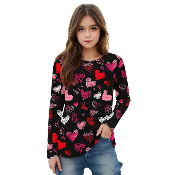 Edvintorg Girls Long Sleeve Shirts Cute Valentine's Day Heart Printing Pullover Tops Tshirts Crewneck Dressy Casual Blouses Holiday Clothes 3-14 Years
