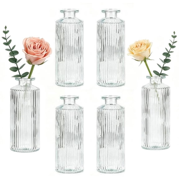 Set of 6 Small Glass Bud Vases, Kvago Clear Mini Flower Vase for Wedding Centerpiece Table Decor, Striped Vases Bottle for Home Dining Room Party Decoration