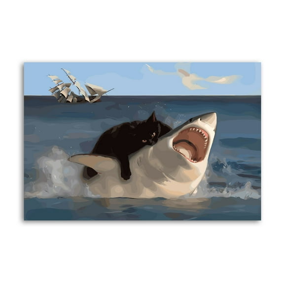 Funny Quirky Cat And Shark Home Decor Poster Wall Art Hanging Picture Print Bedroom Decorative Painting Posters Room Aesthetic 12x18inch(30x45cm)
