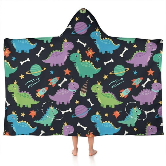 Space Dinosaur with Crown Pattern Hooded Bath Towel,50"x30" for Ages 3 To 12 Kids, Quick Dry Lightweight Soft Microfiber Hood Beach Towel Cover Up for Kids