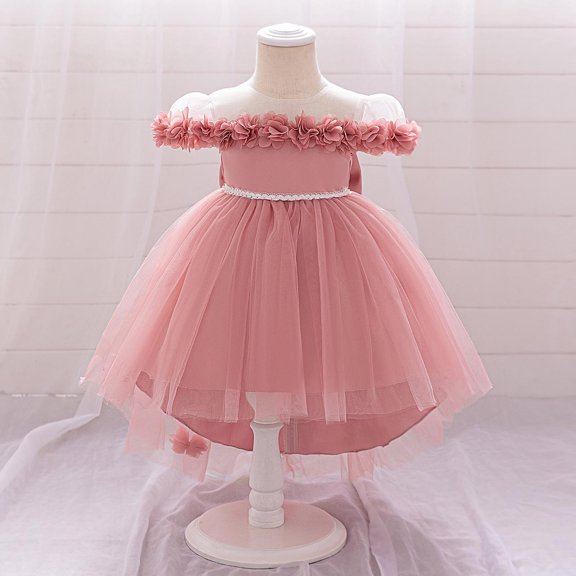 Toddler Girls Tutu-Dresses A-Line Layered-Tulle 6M-3Y Kids Cute Floral Short Sleeve Crewneck Solid High-Low Hem Birthday Party Prom Dress