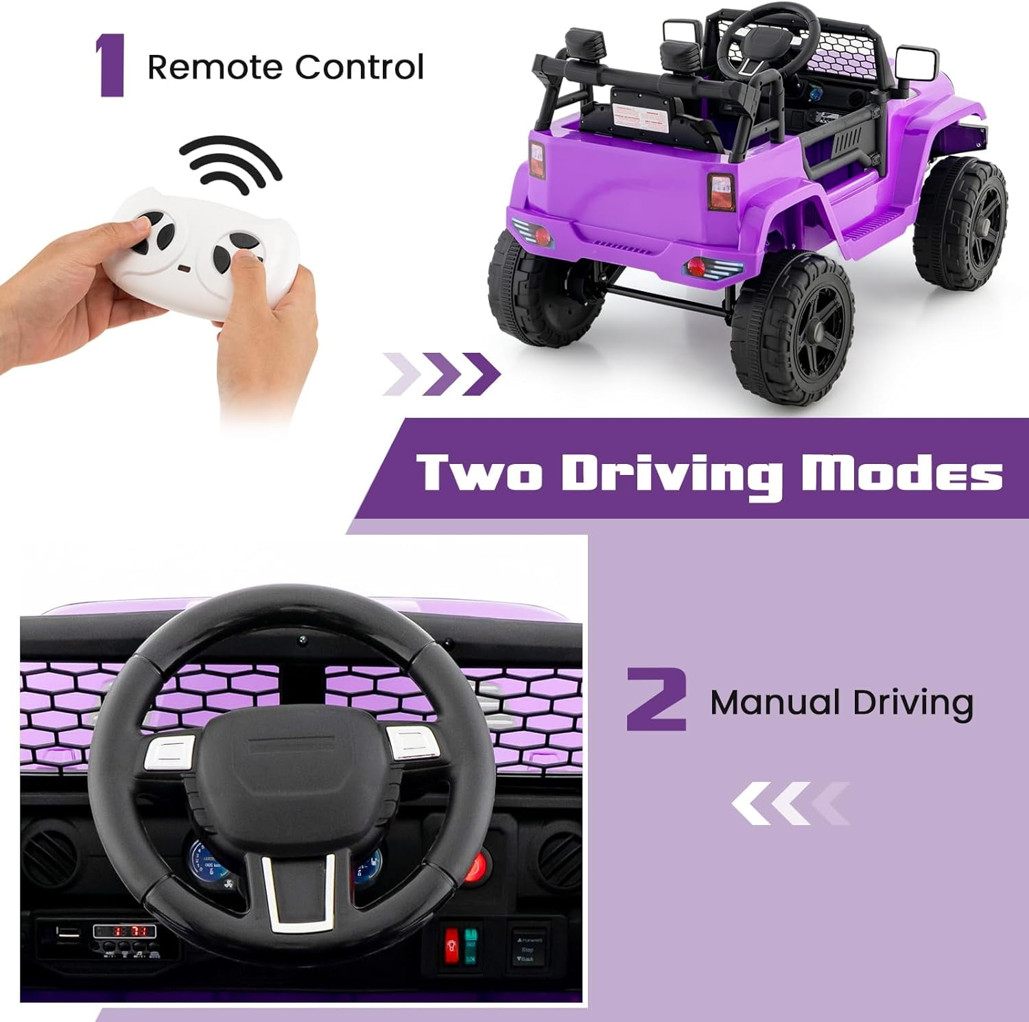 OLAKIDS Kids Ride On Truck, 12V Electric Vehicle Car with Remote Control, Toddlers Battery Powered Toy with 2 Speeds, Spring Suspension, Double Open Doors, LED Lights, Music, USB, Mp3 (Purple)