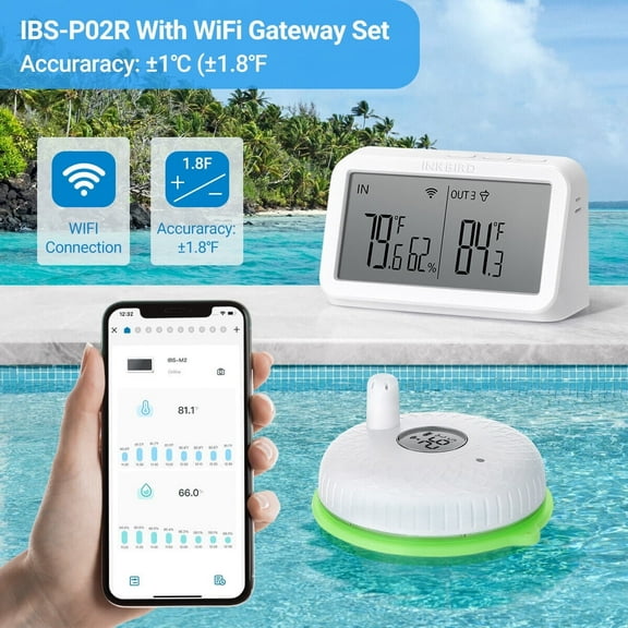 Inkbird Digital Floating Pool Thermometer with IBS-M2 WiFi Gateway, IPX7 Waterproof, Idea for Swimming, Hot tubs,Temperature testing