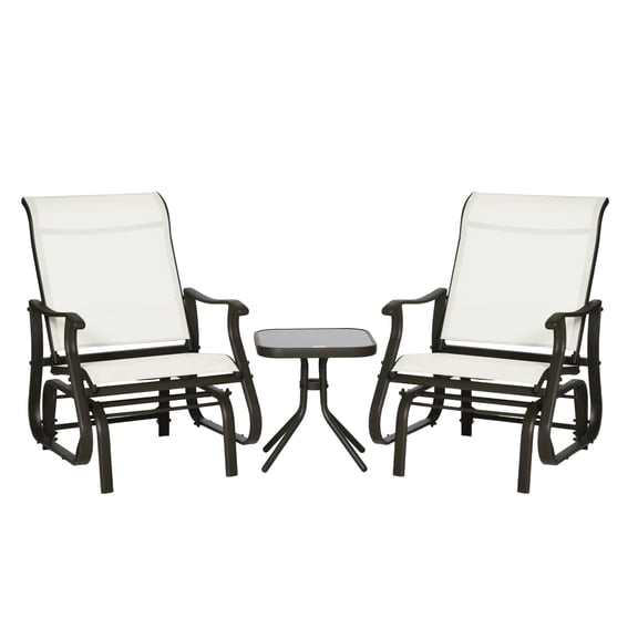 Outdoor Glider Set 3 Piece - Patio Bistro Furniture with Tempered Glass Table - Steel Frame Gliding Chairs for Garden, Backyard, Cream White
