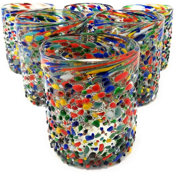 Hand Blown Mexican Drinking Glasses Set of 6 Confetti Rock Tumbler