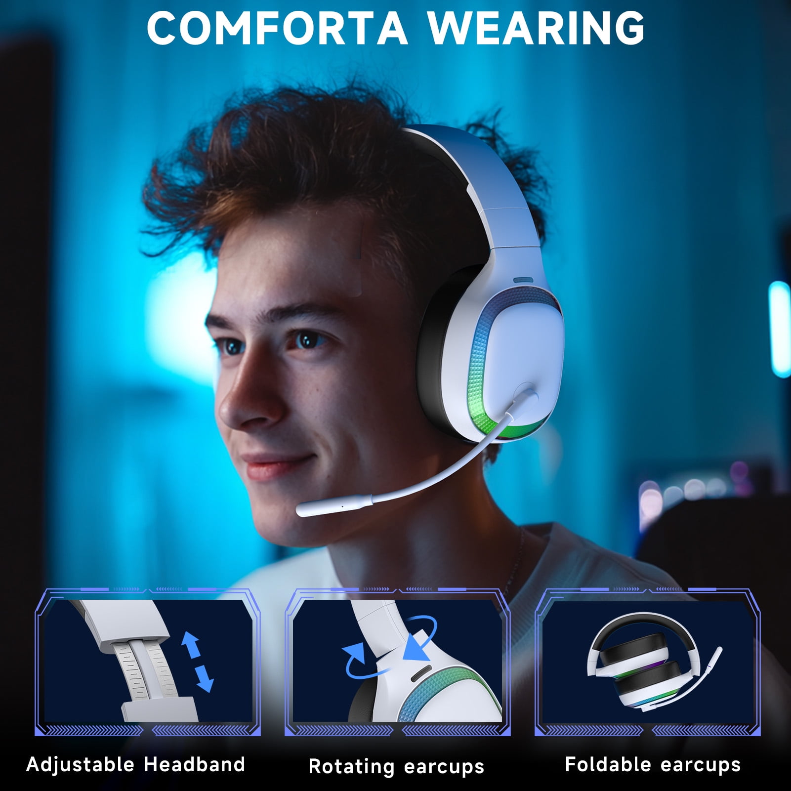 Ecomoment Wireless Gaming Headset for PS5, PC,Switch,Mac with Bluetooth 5.4, 2.4GHz USB PS5 Headset with Mic,Gaming Headphones with RGB Light, 70H Battery Life,White