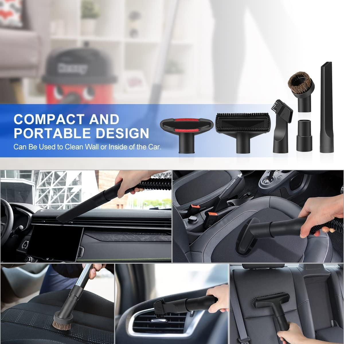 11Pcs Universal Vacuum Attachment Kit 1-1/4" Vacuum Hose Adapter Wet Dry Plastic Vacuum Cleaners Accessories with Extension Wand Horse Hair Brush Flexible Crevice Tool Adapter for Shop Vac Attachment