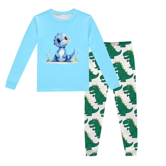Pyjama pour Garçons, Enfants, Dinosaure Imprimé, Col Rond, Haut à Manches Longues, Pantalon, Ensemble de Pyjama 2 Pcs, Printemps Automne, Pyjama pour Tout-Petits, Bleu Pâle, 8 Ans-9 Ans
