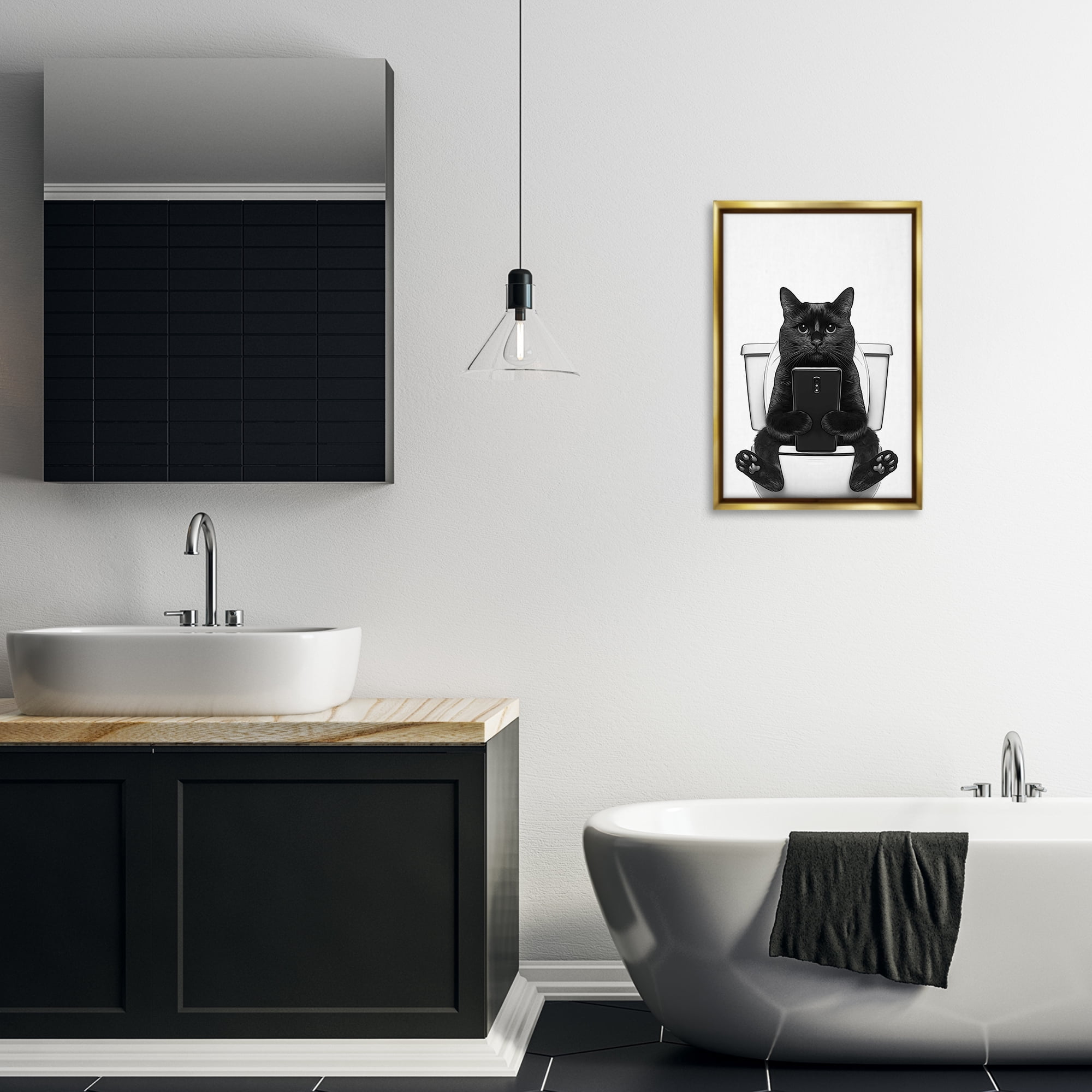 Stupell Industries Cat Texting on Toilet Typography Painting Gold Floater Framed Canvas Art Print Wall Art, 17 x 25