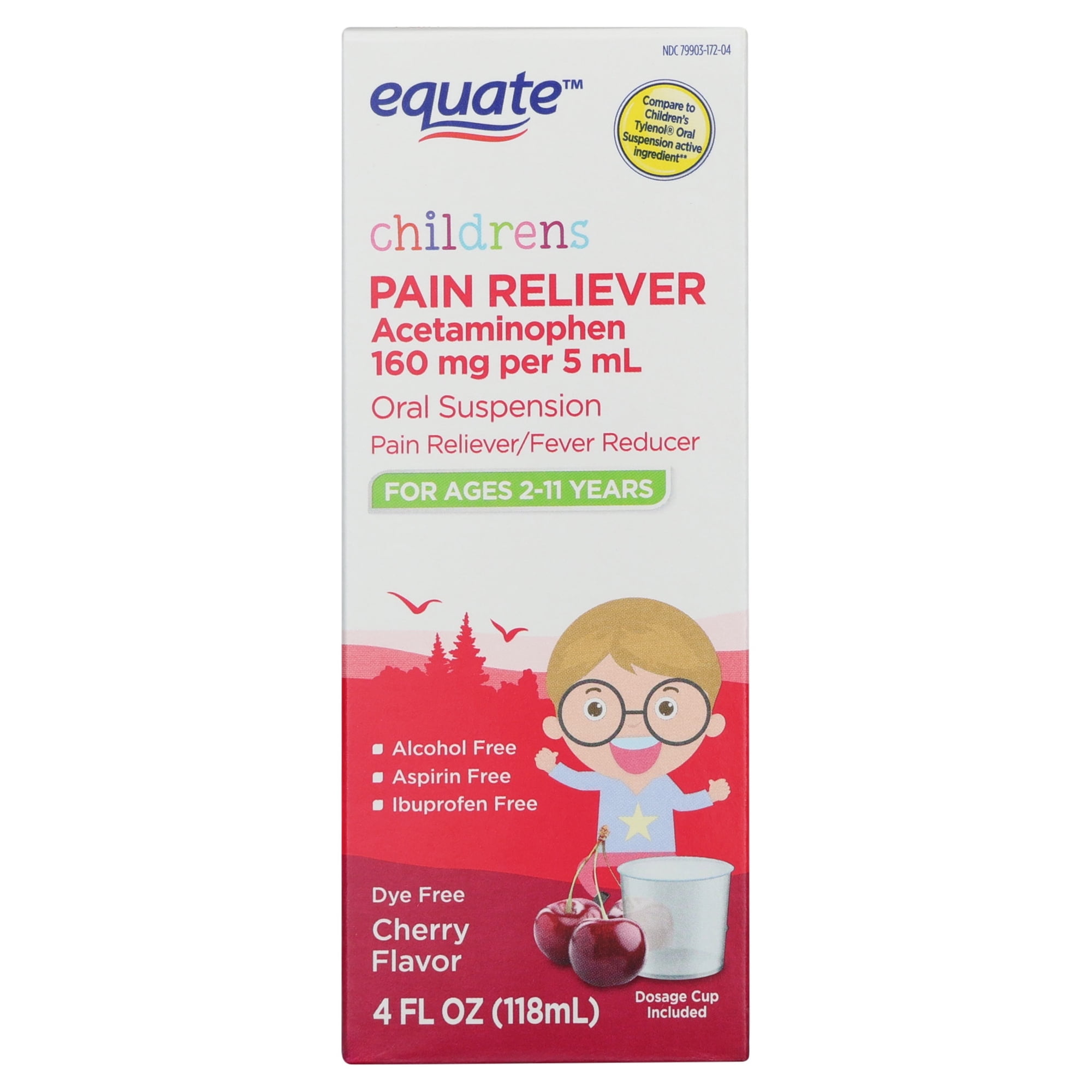 Equate Children's Dye-Free Pain & Fever Relief Acetaminophen Oral Suspension, Cherry Flavor, 160 mg, Ages 2-11, 4 fl oz