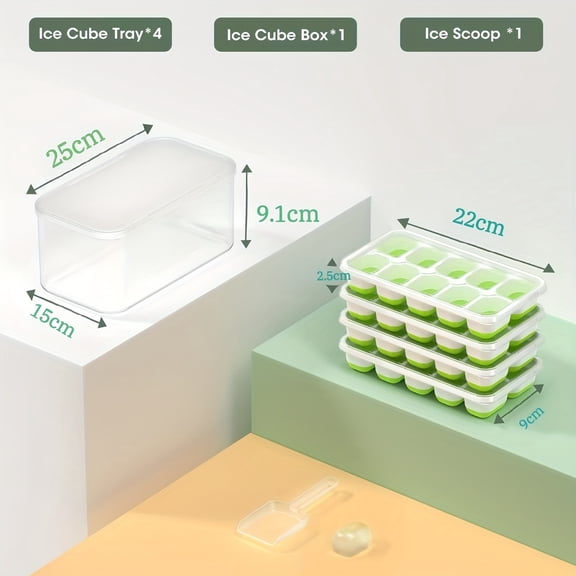 Large Storage Box and Four Ice Cube Trays，Lidded ice trays and storage bucket, 4-piece silicone and plastic ice cube maker set, stackable ice storage bucket with free spoon, suitable for soup, food a