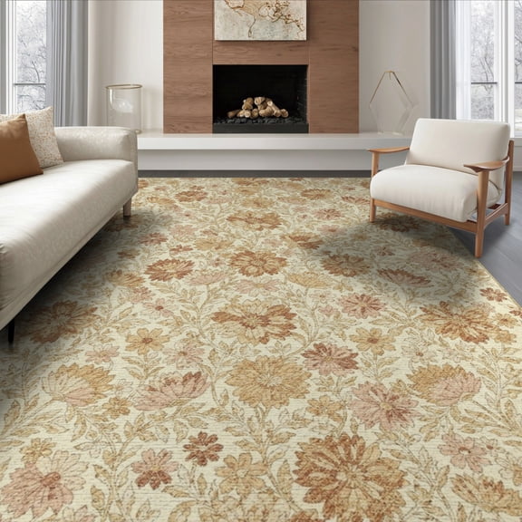 ODIKA 8'x10' Washable Area Rug Orange Floral Vintage Design Boho Intricate Blossoms with Symmetric Vines for Living Room, Under Sectional, Family , Durable, Non-Slip
