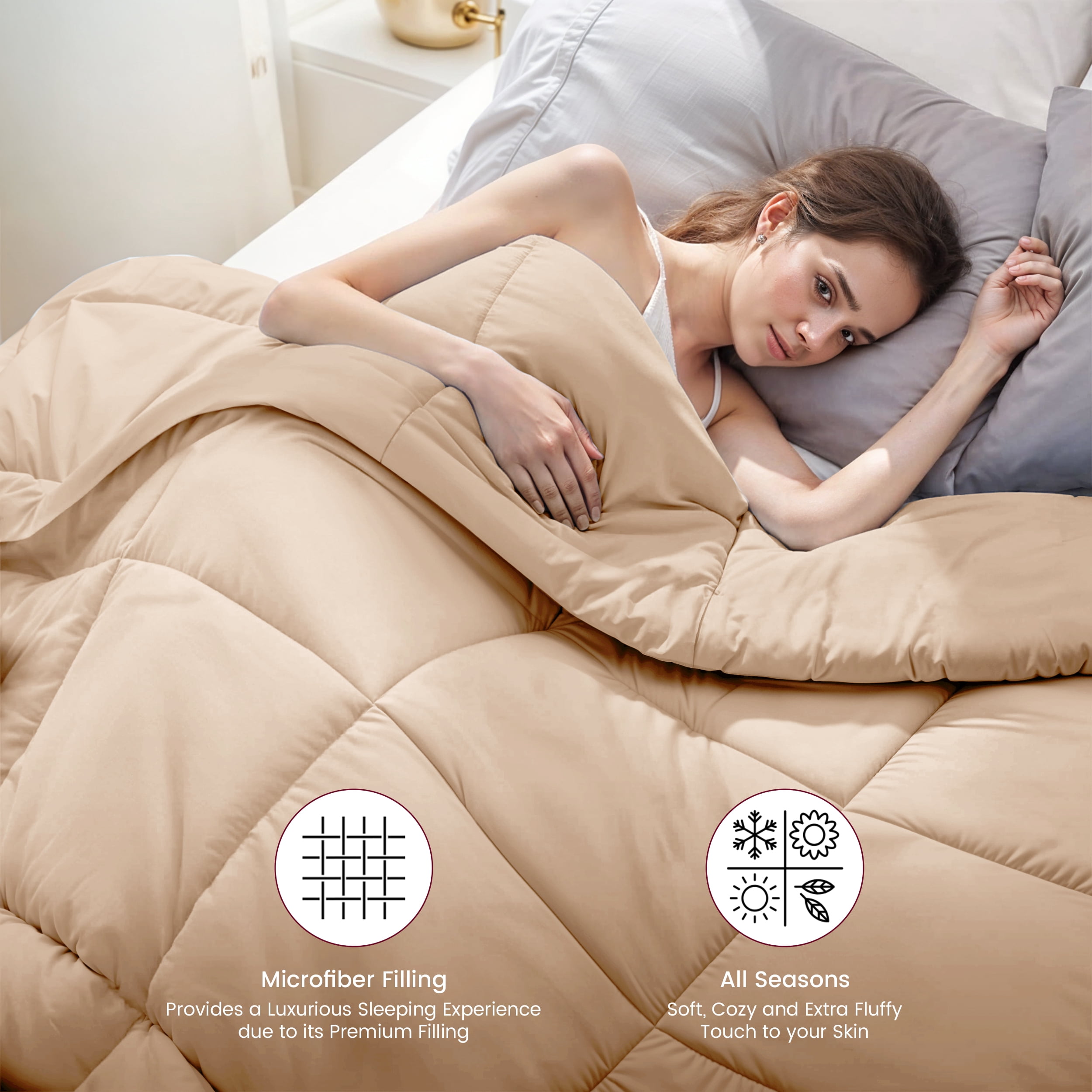 Lux Decor Collection Queen Comforter - Box Stitched Down Alternative Quilted Duvet Insert with Corner Tabs - Beige