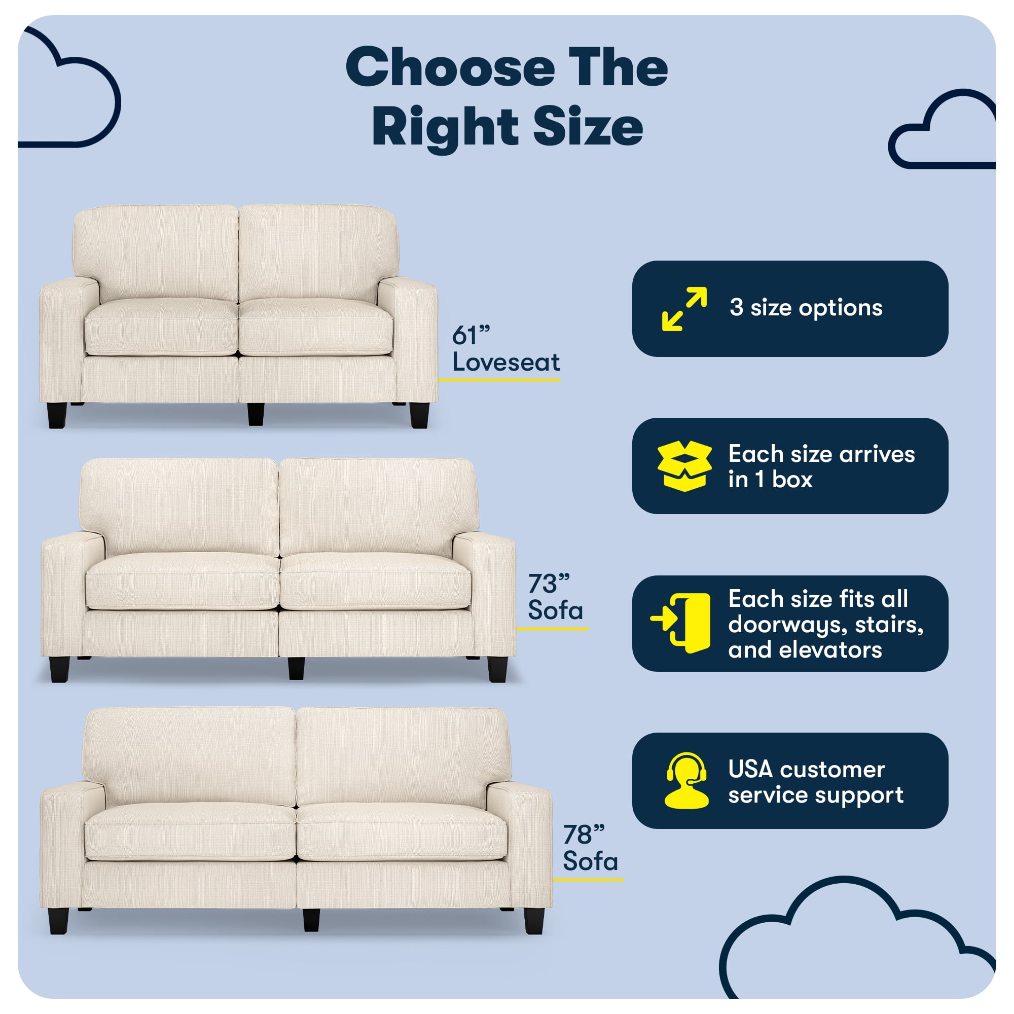 Serta Palisades 73" Track Arm Sofa, Easy Care Polyester, Loveseat or Couch for Small Spaces, Buckwheat Beige
