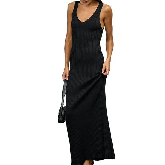 Womens 2025 Summer Spring V Neck Knit Midi Dress Bodycon Casual Sleeveless Ribbed Sweater Dresses Black S