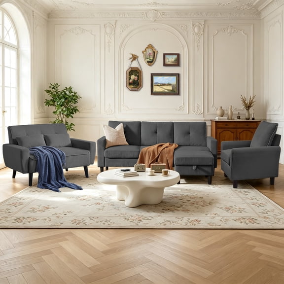 4 Piece Living Room Furniture Set,Sectional Sofa Set, Modern Corduroy L Shaped Couch with Storage Ottoman, 3 Seater Sofa & Footstool & Loveseat & Armchair for Living Room, Office, Apartment