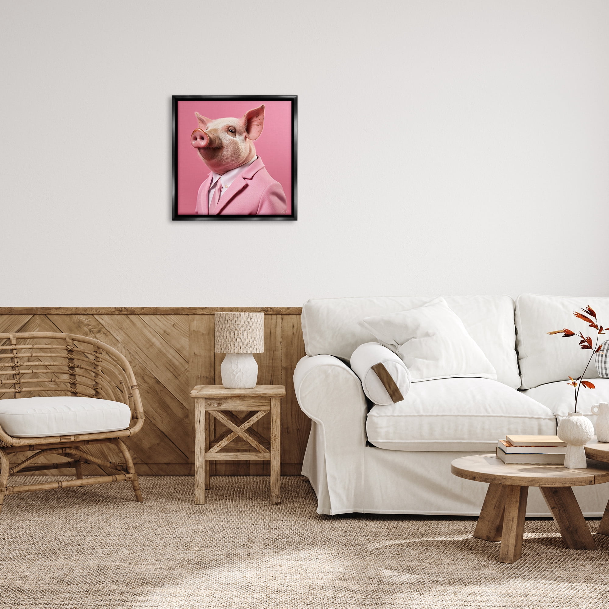 Stupell Industries Pink Pig Fashion Animals & Insects Painting Black Floater Framed Canvas Art Print Wall Art, 25 x 25