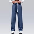 thumbnail image 2 of Drawstring Denim Pants Women High Waisted Straight Leg Jeans Pull on Elastic Waist Classic Distressed Denim Office Work Casual Trousers with Pockets, 2 of 8