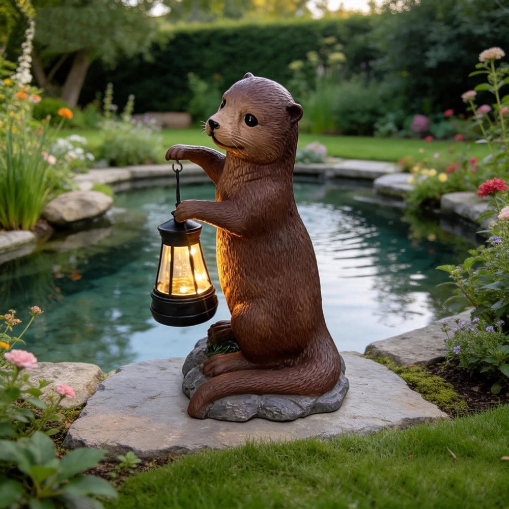 Solar Garden Statues Otters Figurine Outdoor Lights, IP44 Waterproof, 7.8Inch Resin Patio Lawn BalconyDecorations Outdoor, Garden Decor Unique Birthday Housewarming Gifts for Mom,Brown