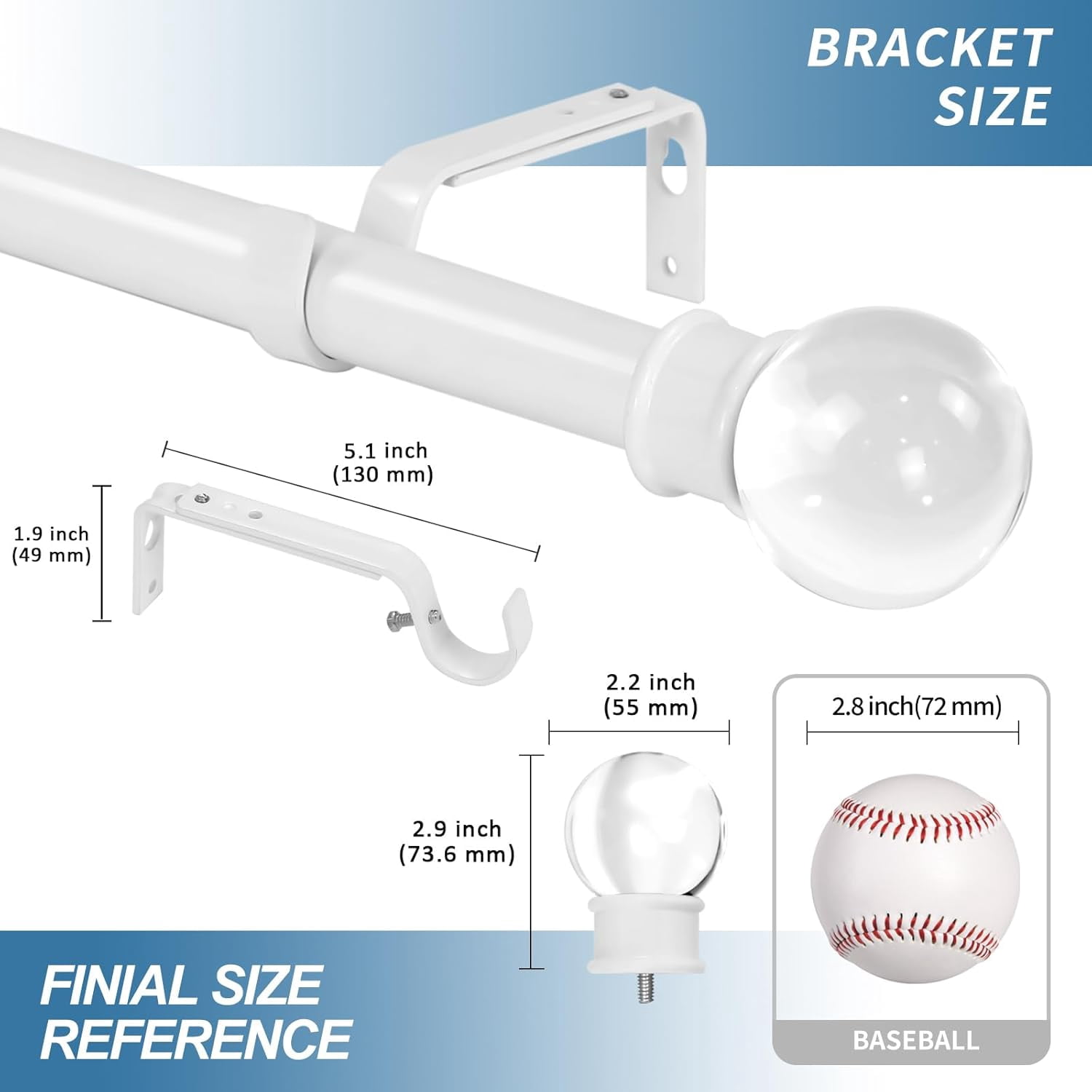 Urbanest Adjustable Single Curtain Rod Set Crystal Ball Finials – 1 -Inch Diameter, With Glossy White Rod, 48–84 Inches