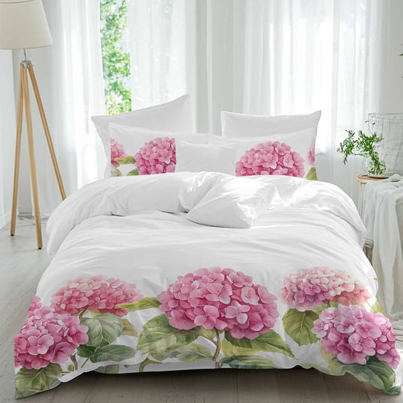 Spring Florals Comforter Set California King Size, Pink Hydrangea Watercolor Leaf Soft Bedding Set for Man Woman, 4 Pieces Duvet Cover Set with Fitted Sheet, 2 Pillowcases