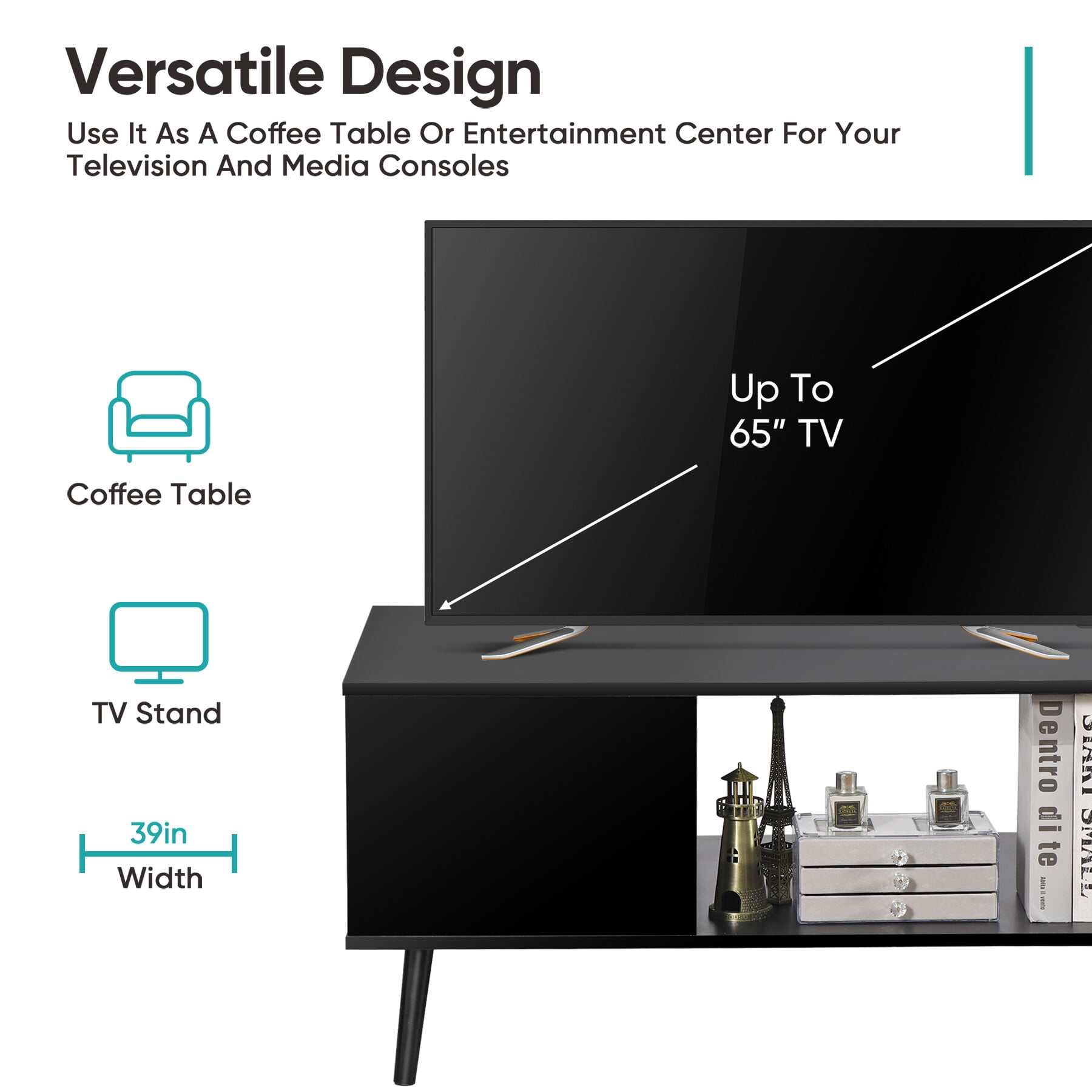 HomGarden Wood Coffee Table, Modern Console Sofa Side Table Cocktail Table Black
