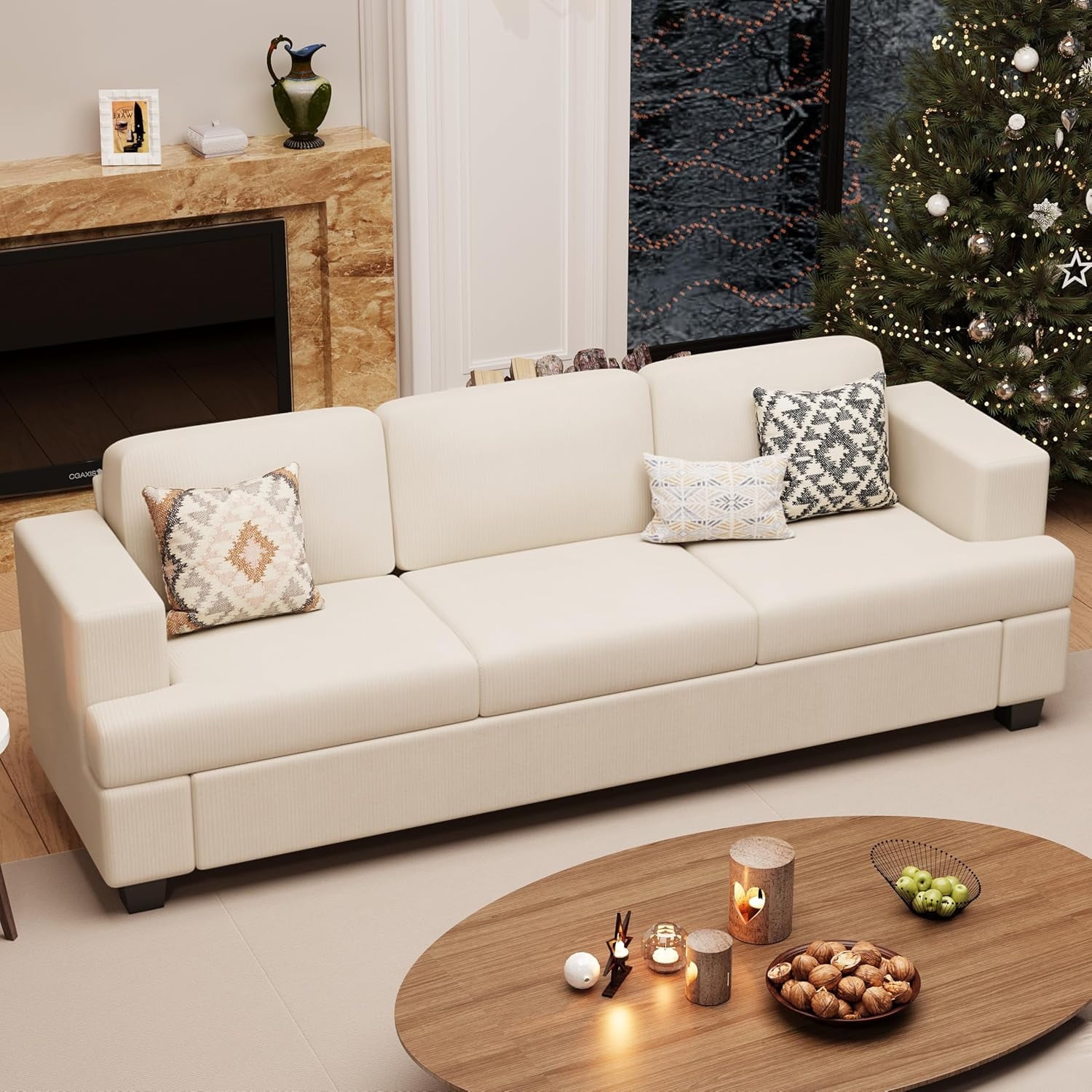 YOUDENOVA 3 Seater Sofa Couch with Deep Seats, 87" Mid Century Modern Upholstered Sofa with Armrests, Corduroy Couches for Living Room, Bedroom,Beige